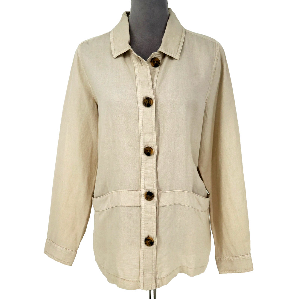 Nicole Miller Jacket Womens Medium Beige Tan Linen Blend Pockets Beach Coastal